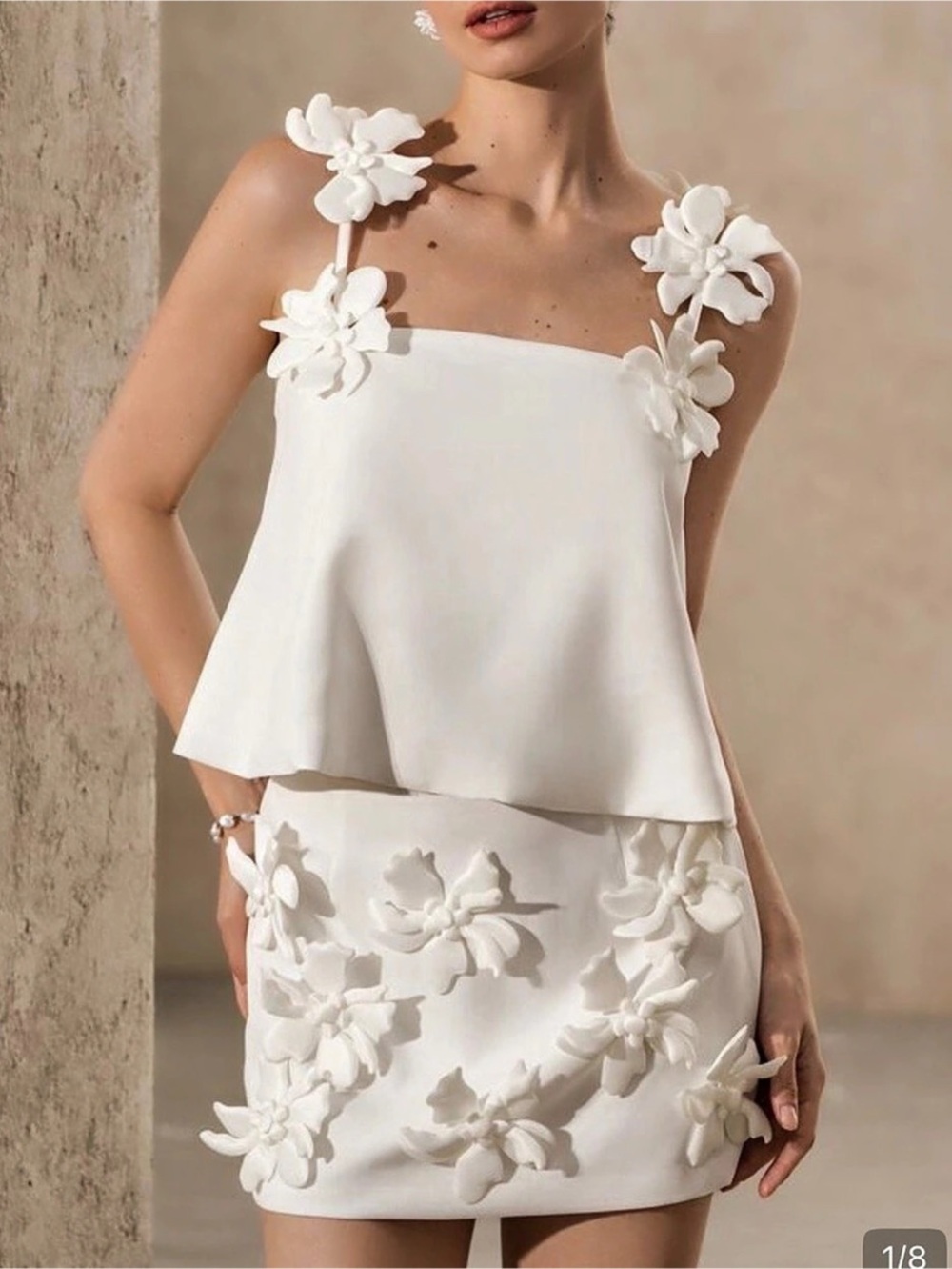 White Floral Appliqué Mini Skirt Set